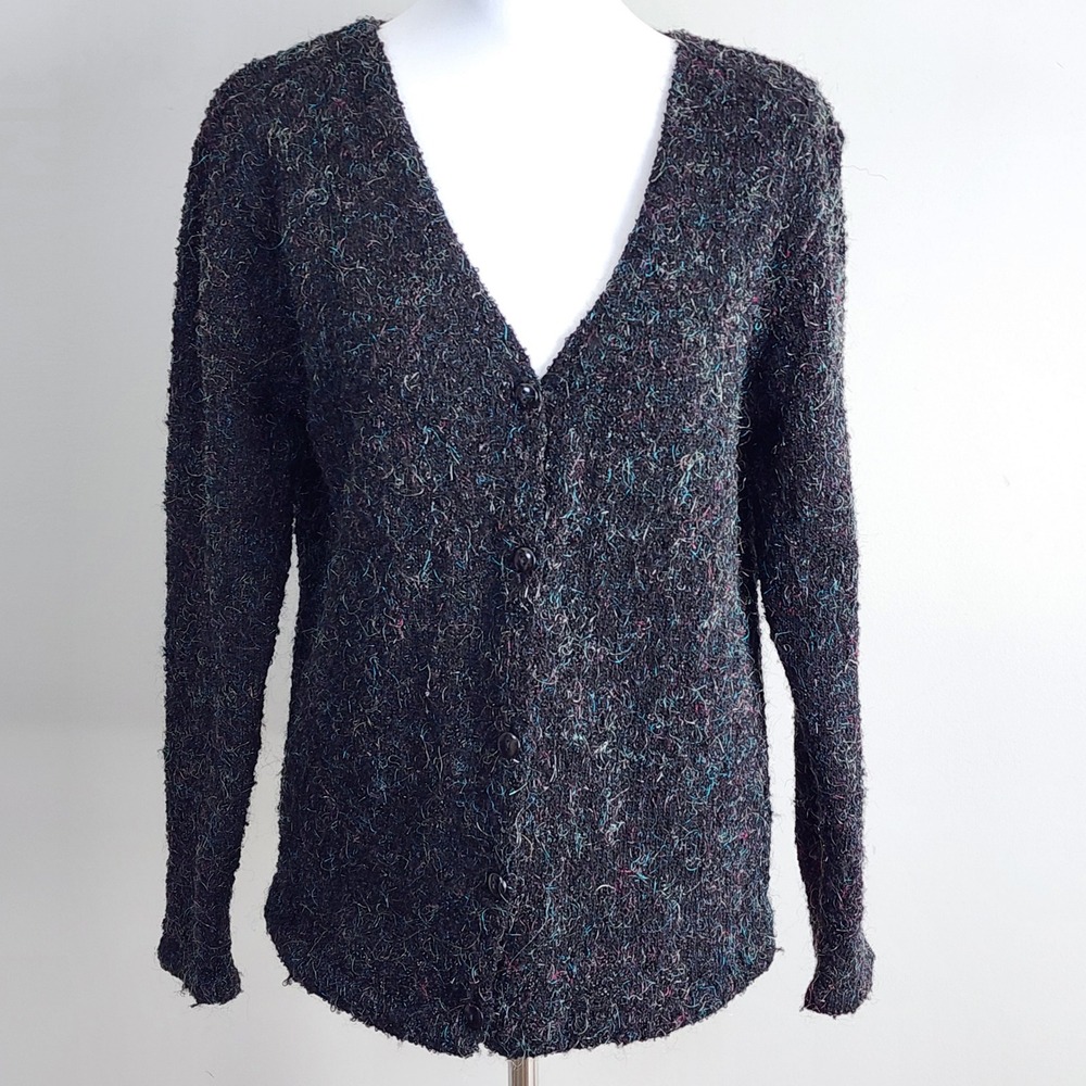 Alliance‎ Cardigan Womens Medium Black Eyelash Knit V-Neck Witchy Artsy Grunge